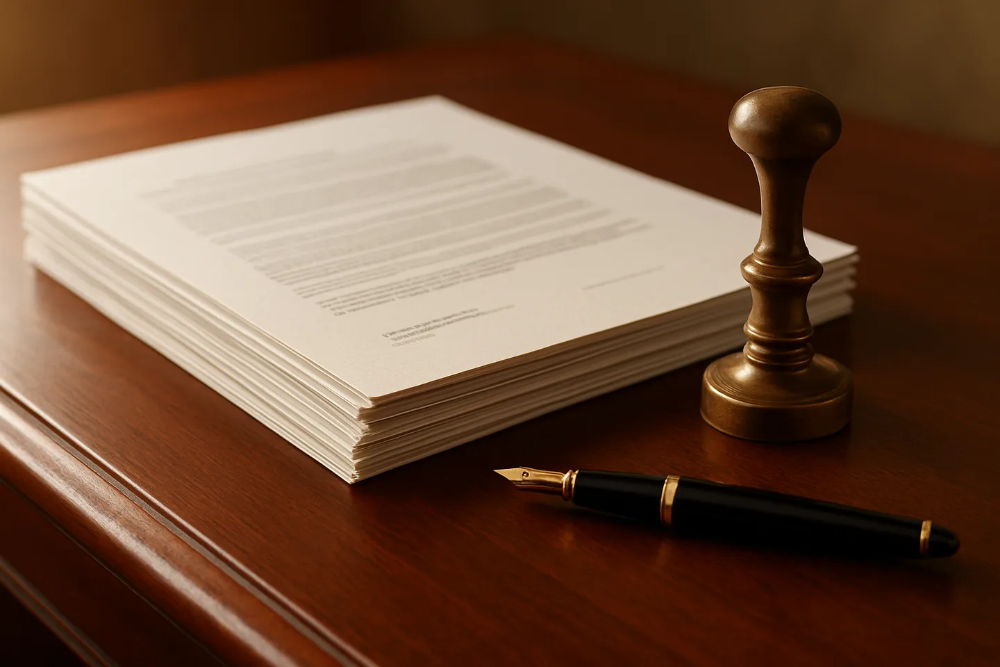 Legal land deed with notary stamp and fountain pen on desk