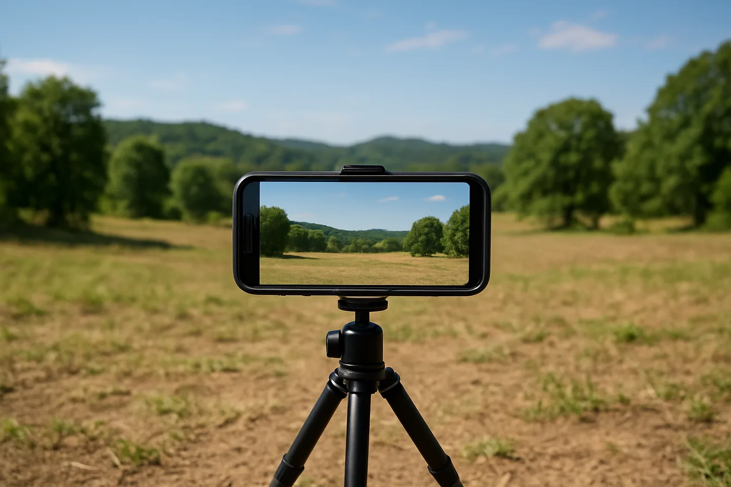 Smartphone on tripod photographing a vacant land parcel