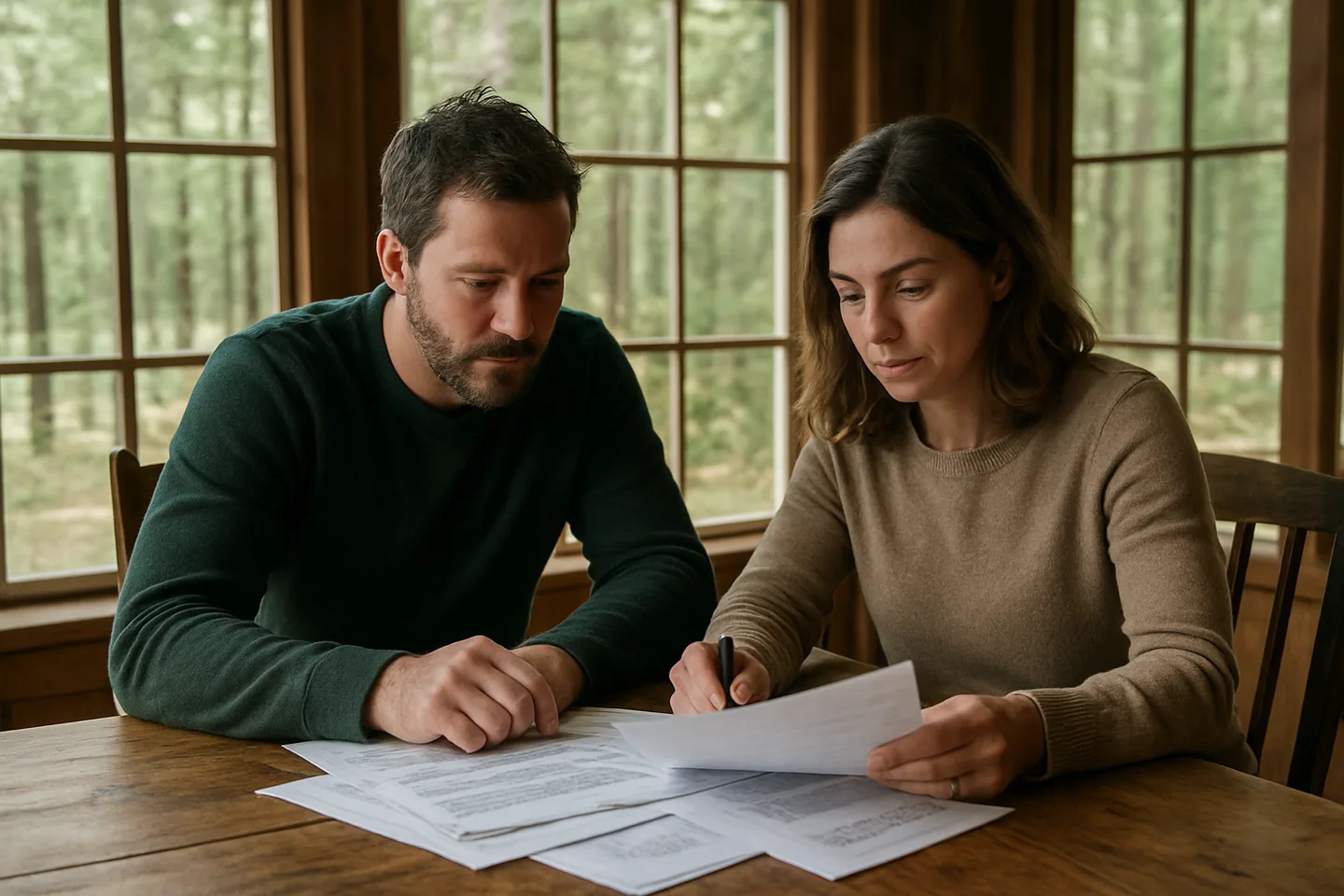 Two people reviewing land sale documents without a realtor