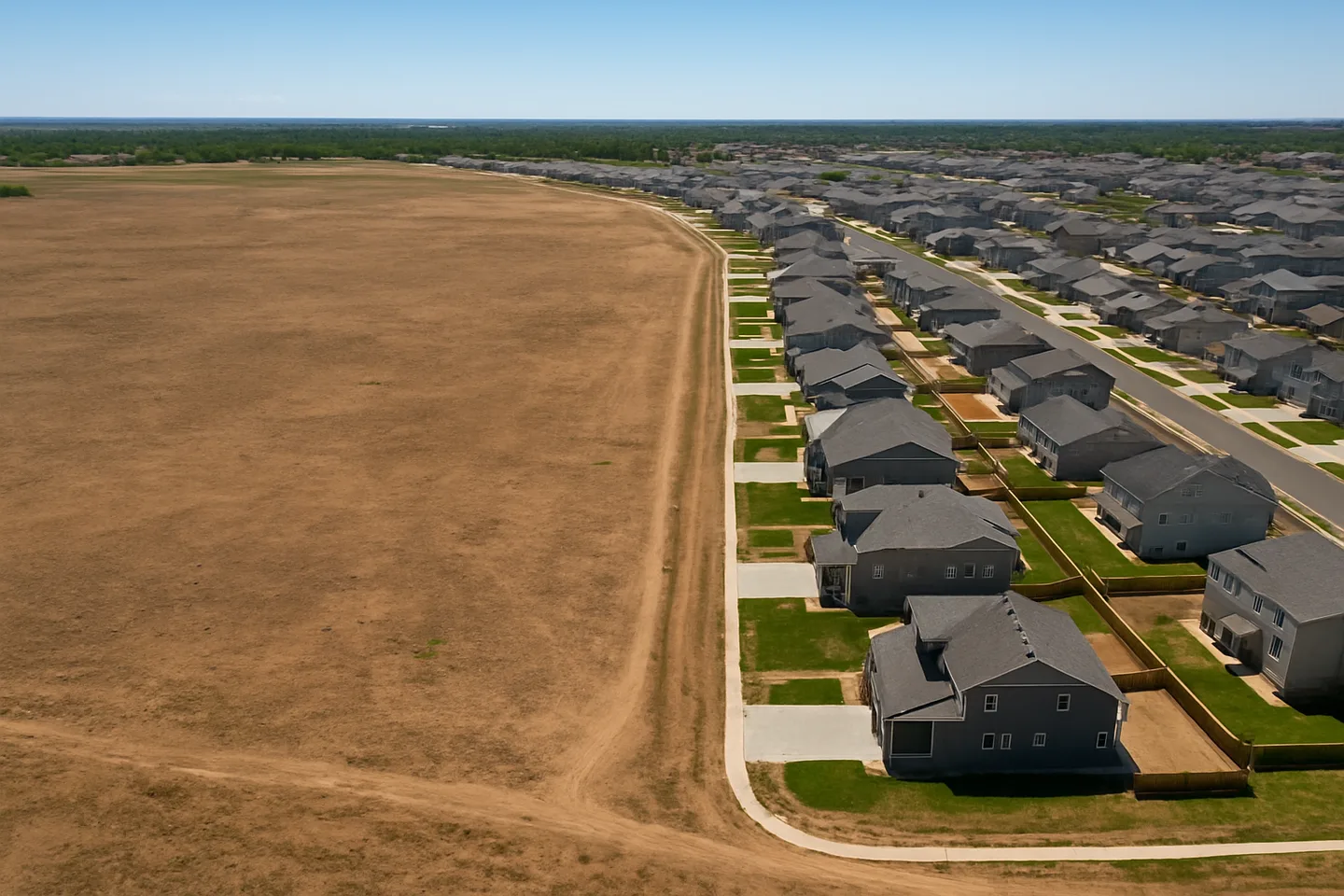Aerial view of undeveloped land next to new construction