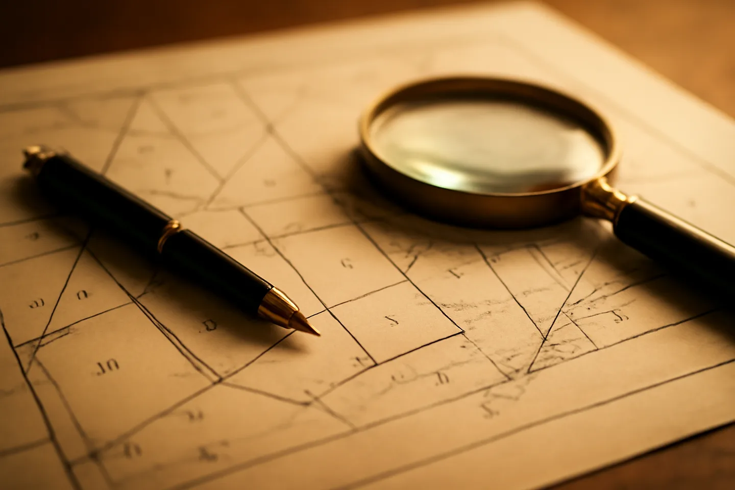 Property survey map and magnifying glass on a table
