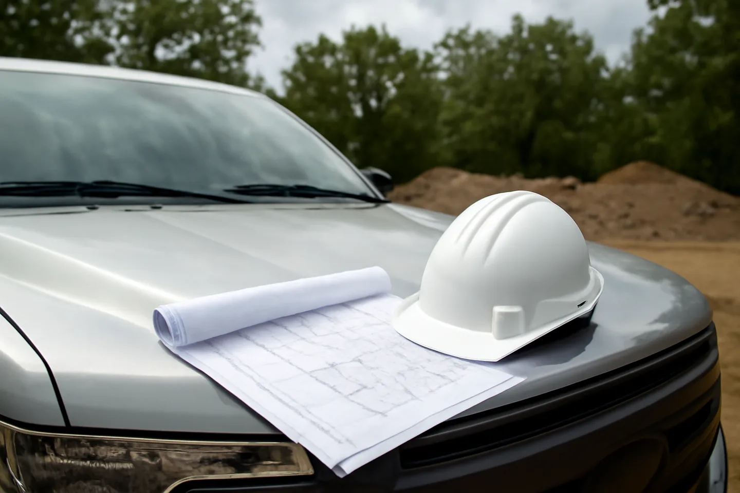 Blueprints and hard hat on a truck hood at a construction site