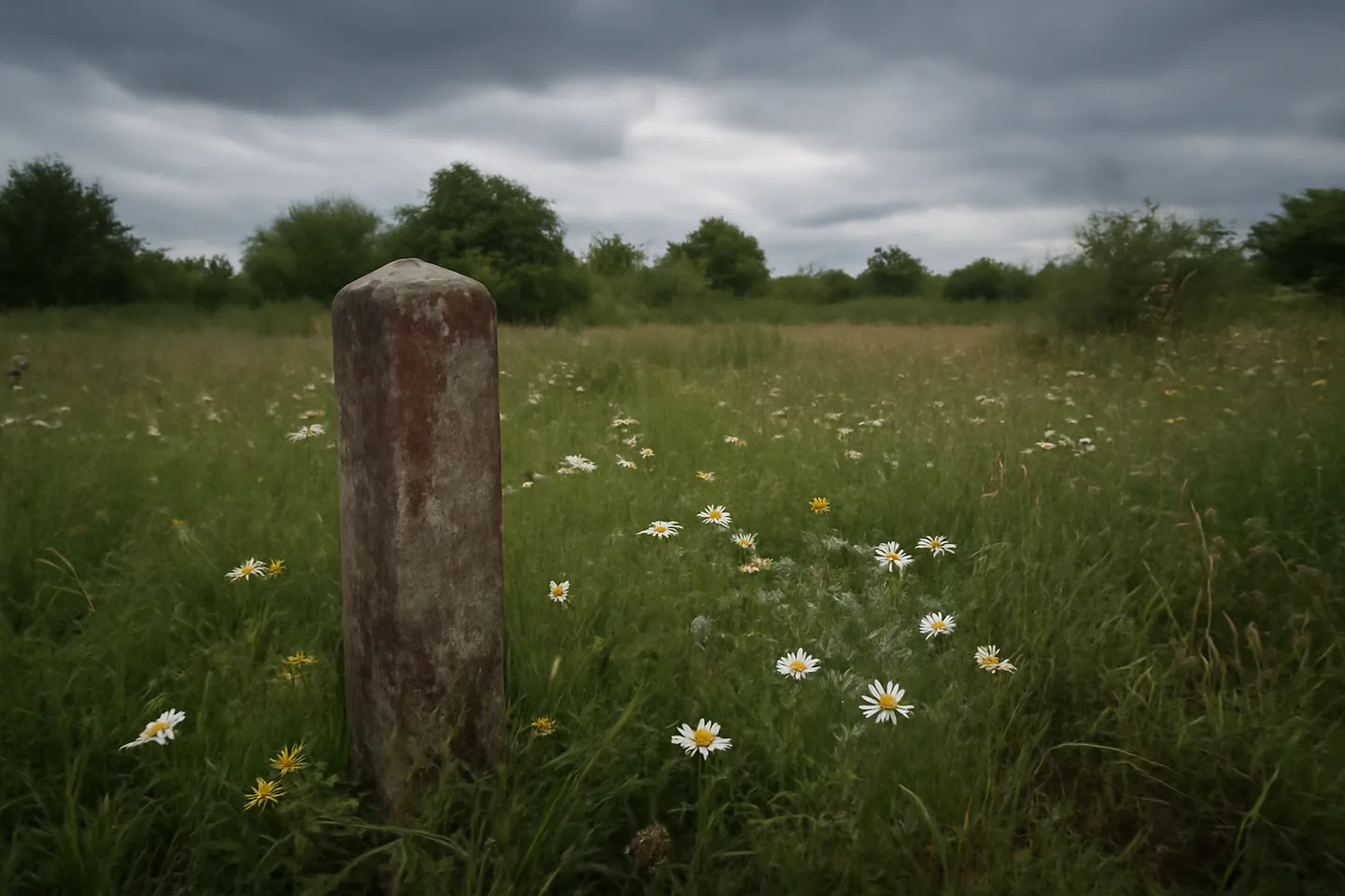 Overgrown inherited land parcel with boundary marker