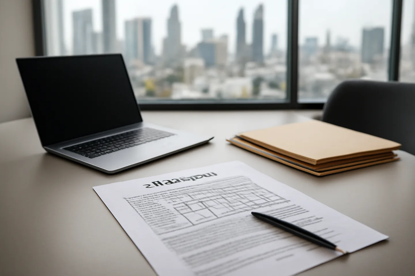 Professional office with property documents and city view