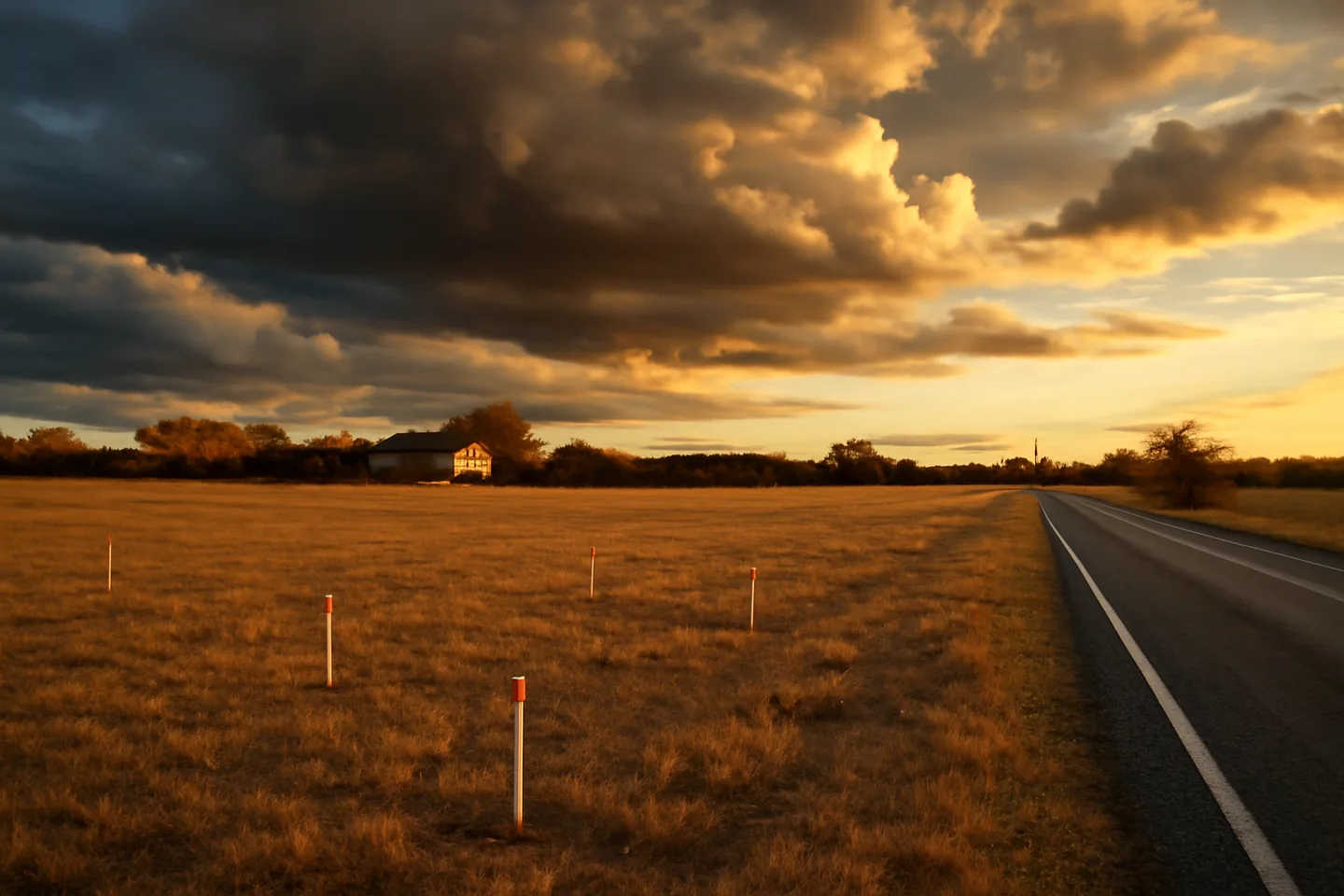 Rural property with survey stakes along a county road