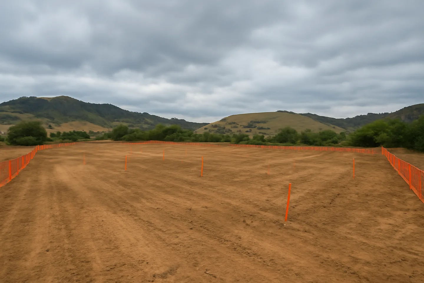 Graded construction lot with utility stakes